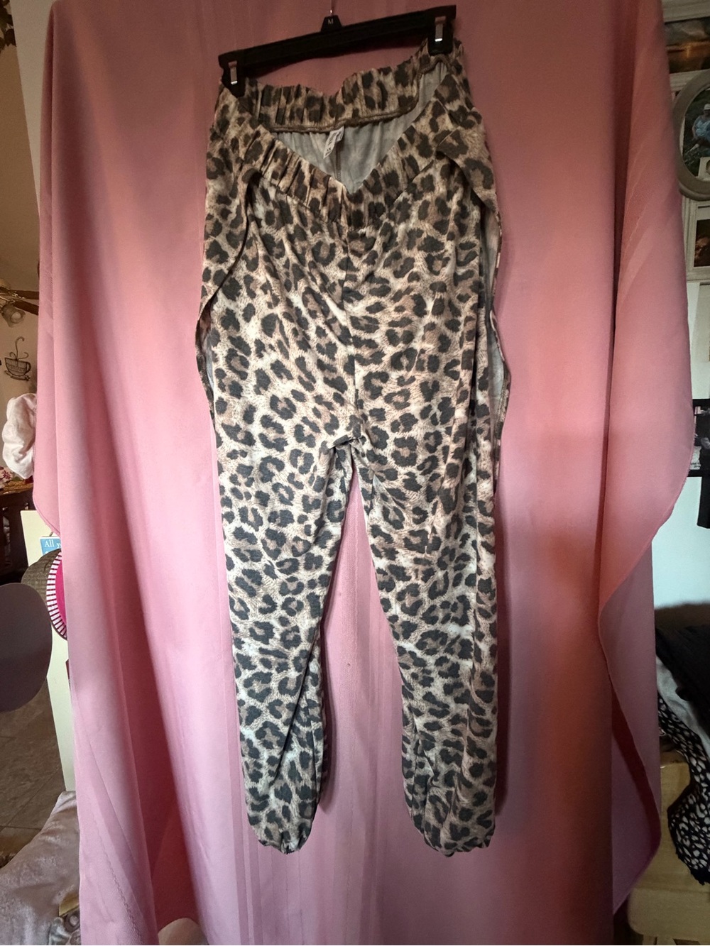 Leopard Print Wide Leg Jogger Pants - Taupe/Black